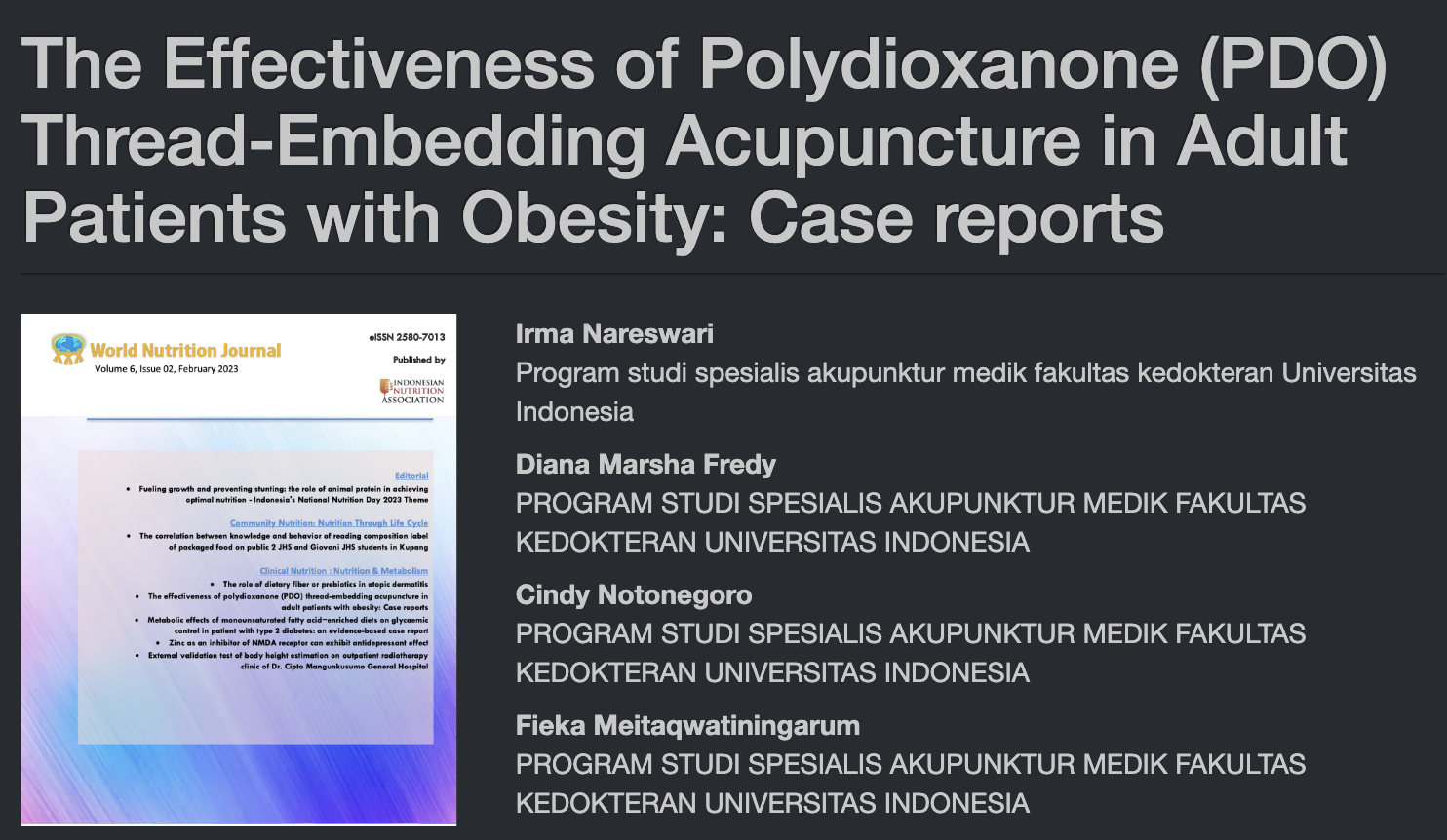 The Effectiveness of Polydioxanone (PDO) Thread-Embedding Acupuncture in Adult Patients with Obesity: Case reports - Perhimpunan Dokter Spesialis Akupunktur Medik Indonesia