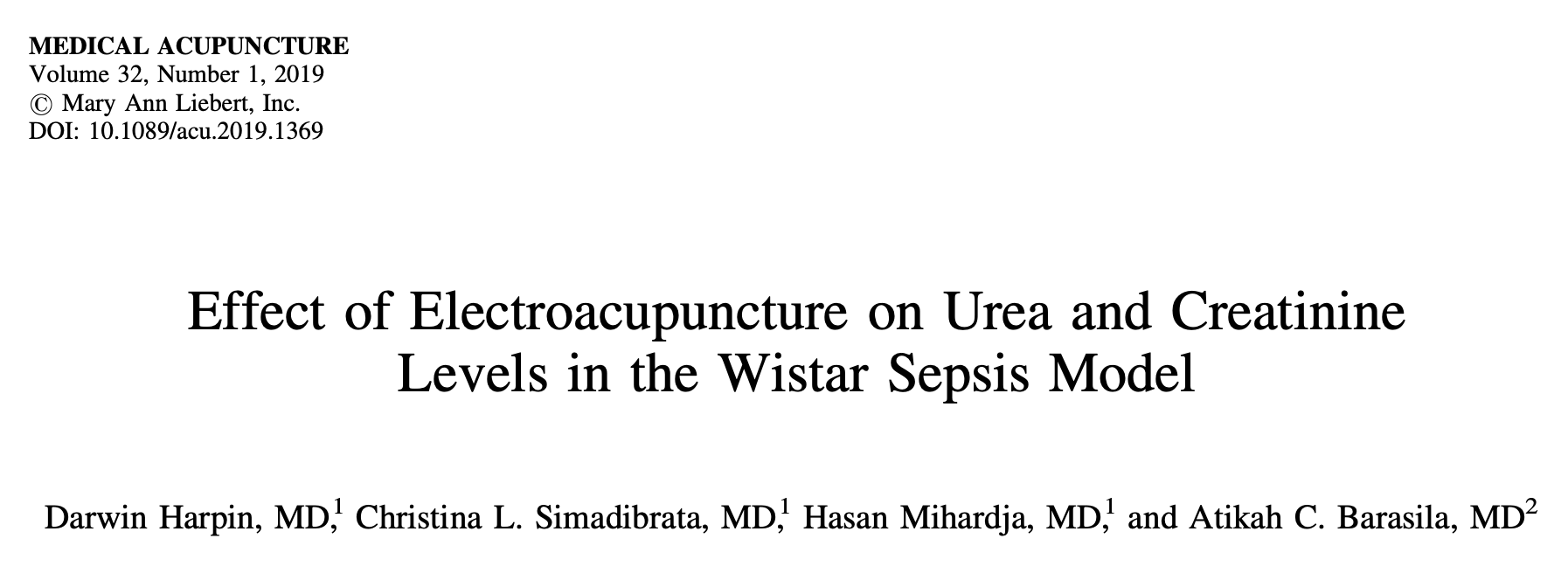 Effect of Electroacupuncture on Urea and Creatinine Levels in the Wistar Sepsis Model - Perhimpunan Dokter Spesialis Akupunktur Medik Indonesia