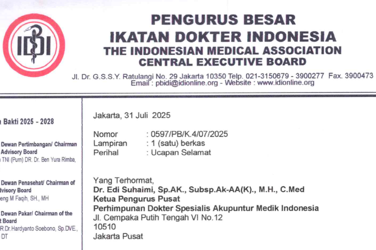 Susunan Pengurus Pusat Perhimpunan Dokter Spesialis Akupunktur Medik Indonesia (PDAI) Periode 2024-2029